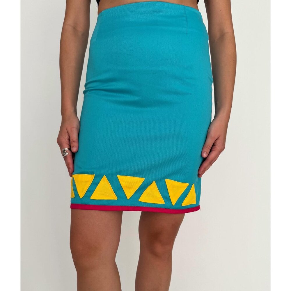 Vintage handmade blue colorful geometric abstract print fitted mini pencil skirt